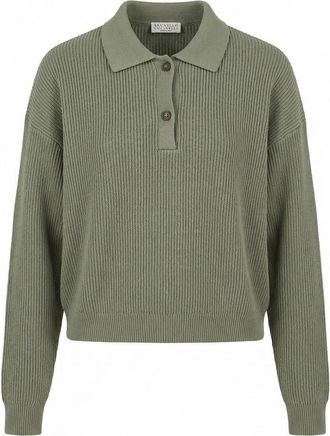 Brunello Cucinelli English Rib Polo-Style Sweater With Monili