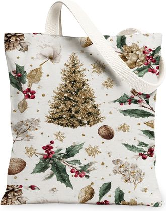Generic Christmas Tree Canvas Tote Bags, Floral Design Reusable Grocery Bags, Winter Vintage Lightweight Washable Shoulder Strap Ca, White, 13x15 Inch