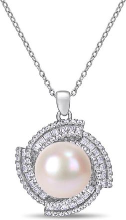 Amour 12-12.5 Mm Cultured Freshwater Pearl and 1 5/8 CT TGW Cubic Zirconia Geometric Necklace In Sterling Silver