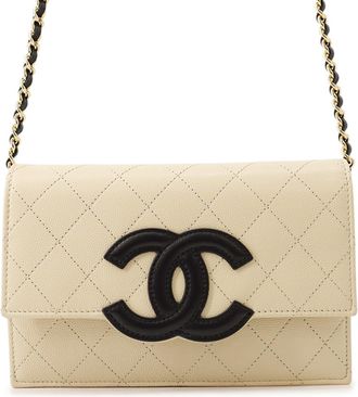Chanel Beige Black Grained Calfskin Chain/Shoulder Wallet (Pre-Owned)
