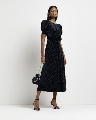 River Island Womens Black velvet studded midi dress
