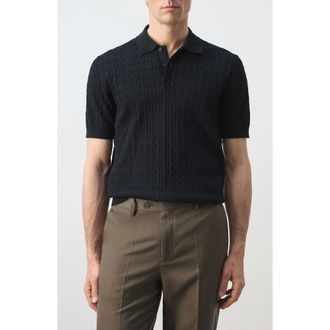 Mango Cable Stitch Polo Sweater in Night Blue at Nordstrom, Size Small