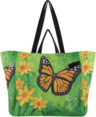 Generic Butterfly Yellow Flowers print Reusable Canvas Tote Bag, Heavy Duty Grocery Shopping Bag with Hard Bottom Large Capacity Double Handles Work Groceries