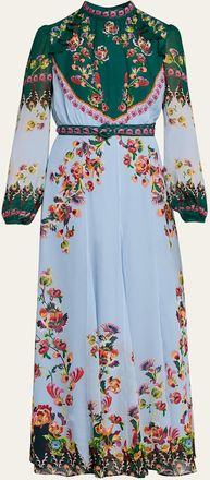 Saloni Jacqui-B Belted Floral Silk Midi Dress