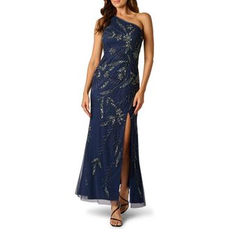 Adrianna Papell 3D Beaded & Sequin One-Shoulder Gown in Light Navy at Nordstrom, Size 18