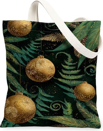 Generic Christmas Ornament Canvas Tote Bags, Elegant Holiday Reusable Grocery Bags, Winter Retro Lightweight Washable Canvas for Tr, Green, 13x15 Inch