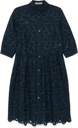 D.exterior Navy Blue Geborduurde Midi Jurk - Dames - Shirt Kleedjes - Blauw - XL - Katoen - Kleedjes