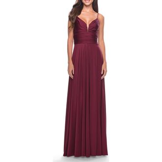 La Femme Versatile Long Jersey Gown with V and Slit in Dark Berry at Nordstrom, Size 12
