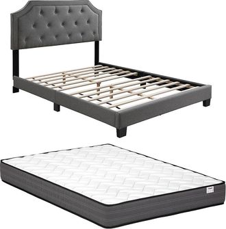 Vente-Unique Cama 140 x 190 cm con cabecero acolchado - Gris claro + Colch&oacute;n - ANDEYO