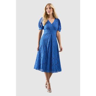 Wallis Petite Lace V-Neck Tea Midi Dress in Blue at Nordstrom, Size 6P