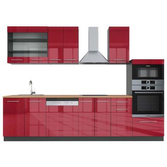 Vicco Cucina componibile Fame-Line, Bordeaux lucido/antracite, 300 cm con armadio alto, pl Rovere