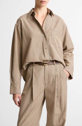 Vince Plaid Oversize Crop Cotton Blend Snap-Up Shirt in Light Wheatstone Check at Nordstrom, Size Xx-Small