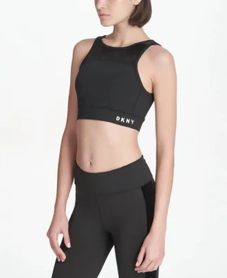 DKNY Dkny Womens Activewear Sport Velvet Trimmed V Back Medium Support Sports Bra In Black