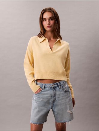 Calvin Klein Womens Smooth Cotton Cropped Polo Sweater - Yellow - XS
