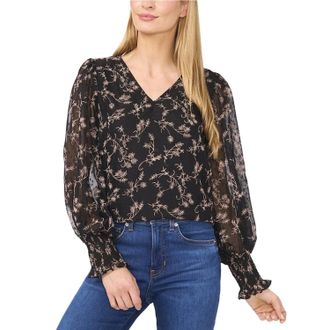 CeCe by Cynthia Steffe Top Womens Black Floral Clip-Dot Smocked V-Neck Blouse Pullover GBO3643