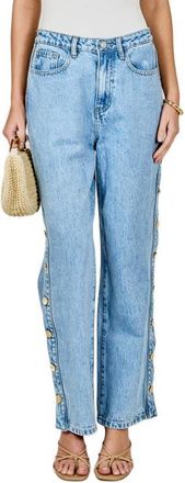 endless rose Side Buttoned Mid Waist Straight Leg Jeans in Denim at Nordstrom, Size X-Small