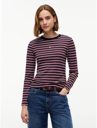 Tommy Hilfiger Womens Embroidered Flag Striped Rib-Knit T-Shirt - Navy Stripe - XXL