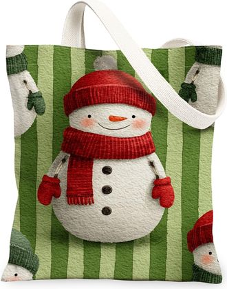 Generic Snow Man Canvas Tote Bags, Cute Holiday Snow Man Pattern Reusable Shopping Bags, Festive Seasonal Lightweight Washable Shoulder for Grocery Travel Bea