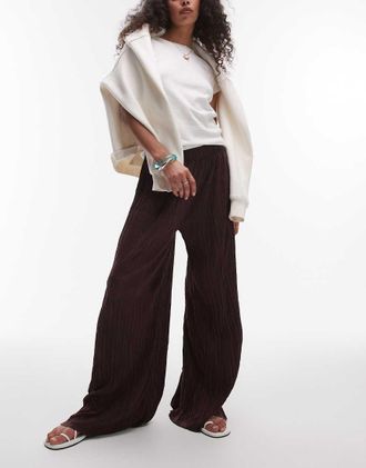 Topshop crinkle wide leg pants in burgundy-Red