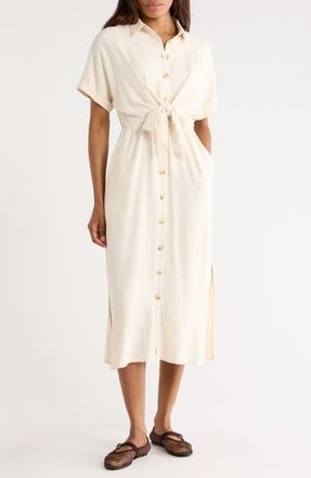 FRNCH Alienor Short Sleeve Tie Waist Shirtdress in Beige at Nordstrom Rack, Size X-Small