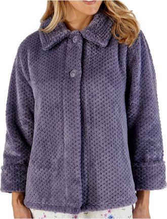 Slenderella Womens Bed Jacket 24/61cm Soft Thick Grey Waffle Fleece Collared Button Up Size XXXL 28 30
