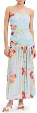 Bardot Solana Floral Strapless Mesh Maxi Dress in Baby Blue Floral at Nordstrom, Size 12