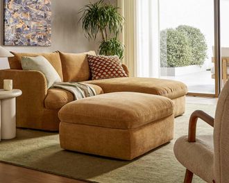 Castlery Ollie Storage Small Chaise Sectional Sofa with Ottoman, Mustard Brown, Removable Covers, Gaslift Storage