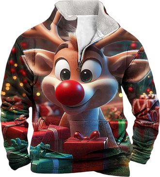 Generic Christmas Jumpers for Men Christmas Jumper 2025 Funny Reindeer Sweatshirt Snowflakes Printed Sweater Fleece Lined Pullover 1/4 Zip Xmas Jumper Long Sl