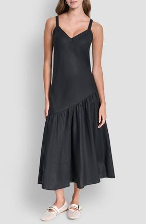 DKNY Shirred Linen Maxi Dress in Black at Nordstrom, Size X-Small