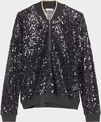 Brunello Cucinelli Paillette Net Knit Zip Bomber Cardigan