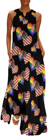Generic Croatian U.S. Rainbow Flag Womens Maxi Dresses with Pockets Sleeveless Long Dress V-Neck Sundress