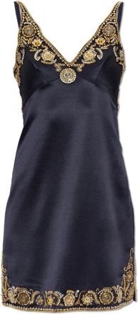 Versace Geborduurd Zijde Cady Satijnen Mini Jurk - Dames - Korte kleedjes - Blauw - XS - Satijn - Kleedjes