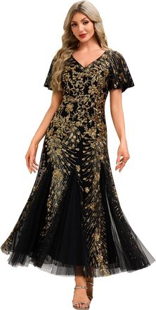 Ever-pretty Womens Sequin Evening Dress Maxi Length V Neck Tulle Short Sleeves Black Gold 16