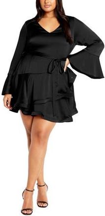 City Chic Cherrie Tie Belt Long Sleeve Satin Minidress in Black at Nordstrom Rack, Size S/16W
