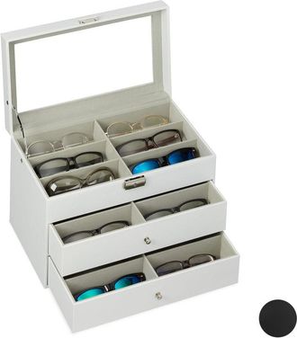 Relaxdays Relaxdays - Caja Gafas con 18 Compartimentos, Organizador, 1 Ud., Cuero Sintético-Cristal, 22,5 x 33,5 x 19 cm, Blanco