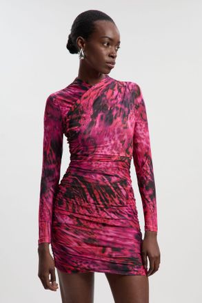 Karen Millen Womens Animal Print Mesh Ruched Mini Dress - Pink - Size X-Small