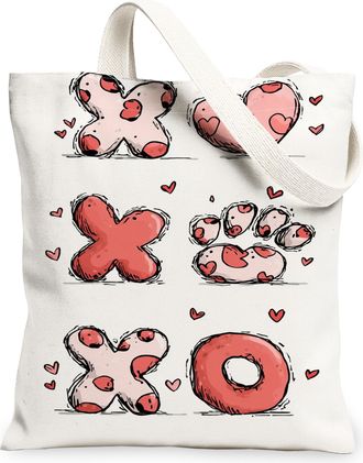 Generic ValentineS Day Heart Pattern Canvas Tote Bags, Cute Love Design Reusable Grocery Bags, Lightweight Washable Shoulder Strap, White, 13x15 Inch