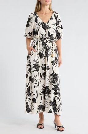 Ellen Tracy Floral Puff Sleeve Maxi Dress in Marsh/Black Tropical Floral at Nordstrom Rack, Size X-Small