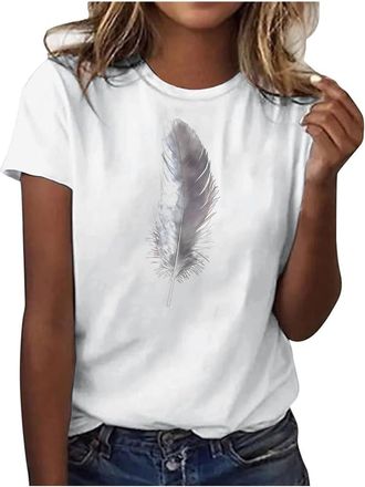 Generic Womens T-Shirts Short Sleeve Crew Neck Summer Tops 2025 Casual Feathers Graphic Tee(White5, L) ropa Deporte Mujer