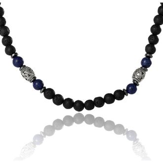 Lucky Brand Mens Lava Rock & Lapis Beaded Necklace, Silver-Tone Barrel Accents, 22 in Black at Nordstrom