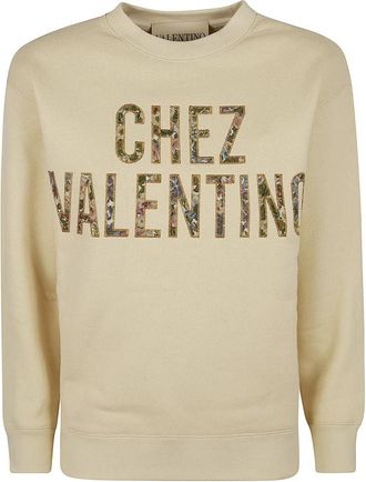 Valentino Garavani Jersey Felpa Katoenen Sweatshirt met Patroon - Dames - Sweatshirts - Beige - S - Katoen - Hoodies & sweatvesten