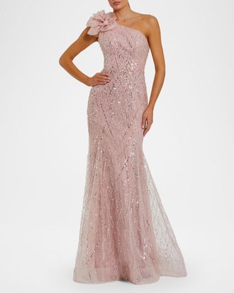 Mac Duggal Beaded One-Shoulder Trumpet Gown