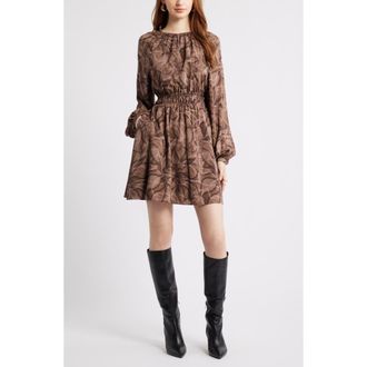 Nordstrom Shirred Waist Long Sleeve Minidress in Brown- Tan Glowing Leaves at Nordstrom, Size Xx-Large