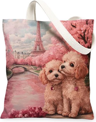 Generic Valentines Day Cockapoo Dog Canvas Tote Bag for Shopping 13x15, Eiffel Tower Puppy Reusable Grocery Print Pattern Bag for Women, Couple Beach Aestheti