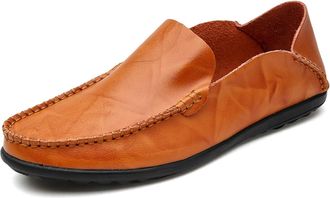 Generic Loafers for Men Round Toe Slip On Flat Heel Loafer Shoes Leather Comfortable Lightweight Resistant Fashion Slip On(Red Brown,5.5 UK)