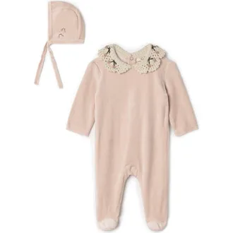 Lola Velour Crochet Collar Snap Back Romper and Bonnet Set in Rose Cloud at Nordstrom, Size 1M