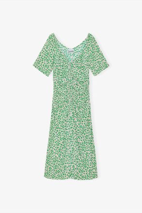 Ganni Beige Printed Crepe U-neck Midi Dress - Size 0 Viscose