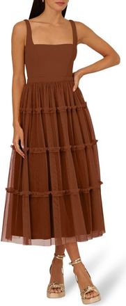 Adrianna Papell Mesh Overlay Tiered Midi Cocktail Dress in Timber at Nordstrom, Size 12