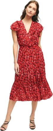 Brooks Brothers Chiffon Jurk met Poppy Print - Dames - Zomerkleedjes - Rood - M - Chiffon - Kleedjes