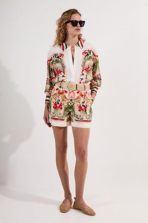 Karen Millen Womens Mirrored Viscose Linen Floral Print With Raffia Belt Woven City Short - Multicolour - Size 10 UK